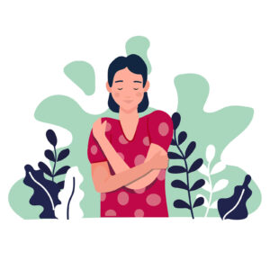 A graphic of a woman hugging herself with a slight smile. This could represent the self-love cultivated by working with a depression therapist in Scottsdale, AZ. Learn more about depression treatment in Scottsdale, AZ by searching more about counseling in Scottsdale, AZ today.
